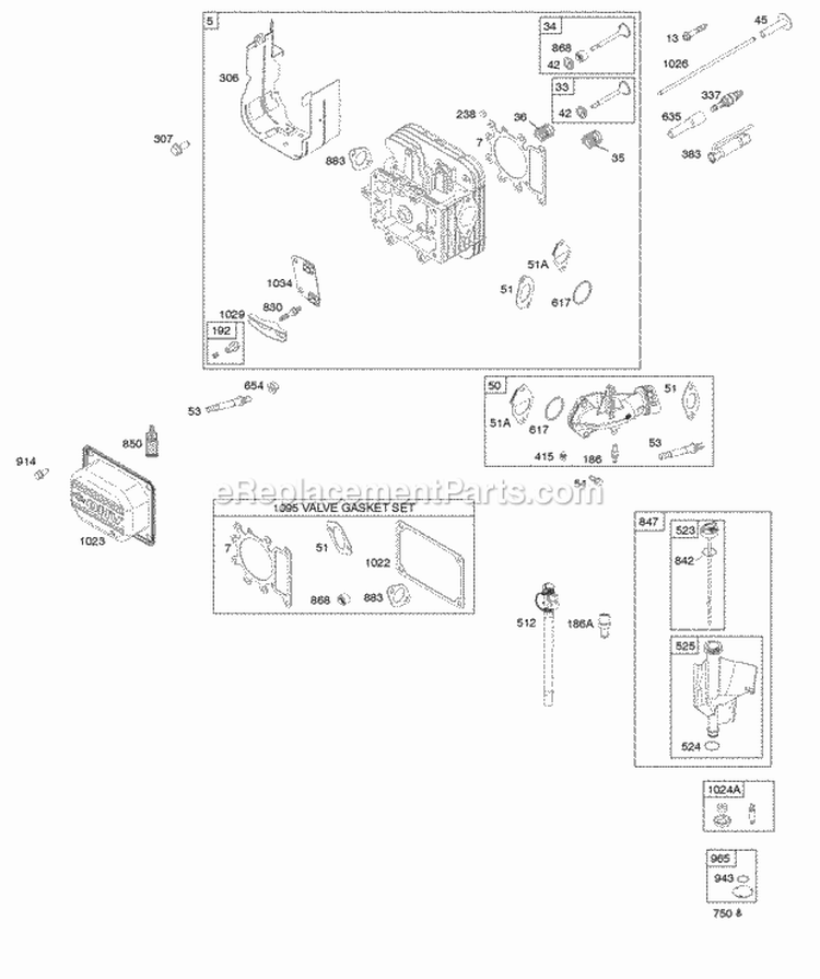 Cylinder Head Gasket Set-Valve Intake Manifold Lubrication Valves Diagram and Parts List for 33M777-1495-B1  Briggs and Stratton Engine